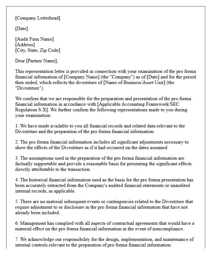 Divestiture Pro Forma Financial Information Representation Letter