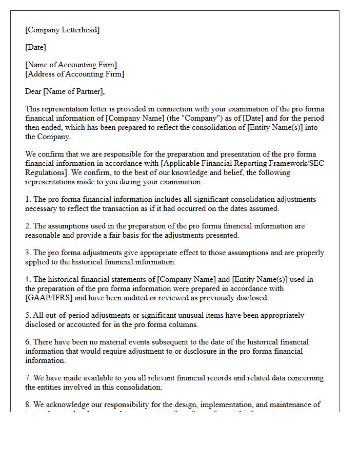 Entity Consolidation Pro Forma Financial Information Representation Letter