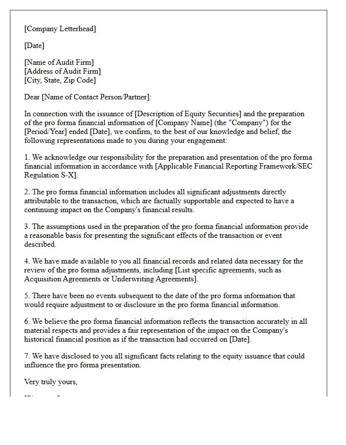Equity Issuance Pro Forma Financial Information Representation Letter