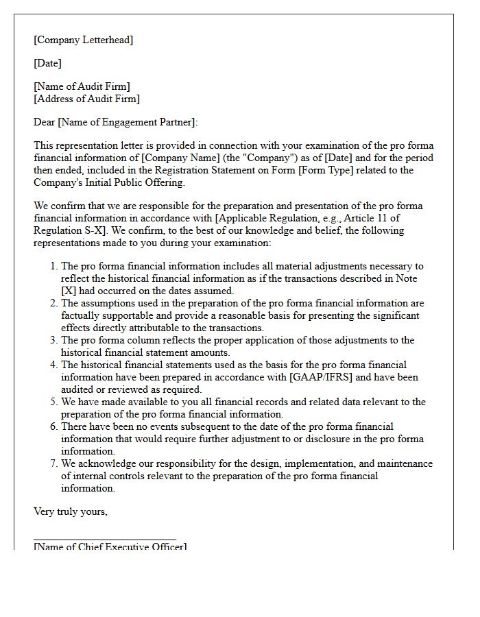 Initial Public Offering Pro Forma Financial Information Representation Letter