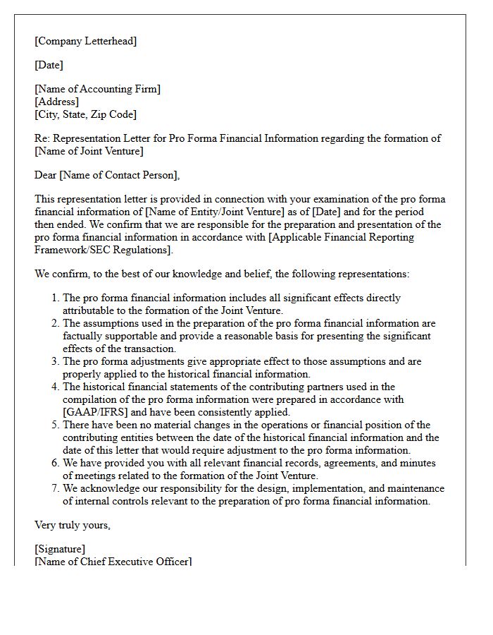 Joint Venture Formation Pro Forma Financial Information Representation Letter