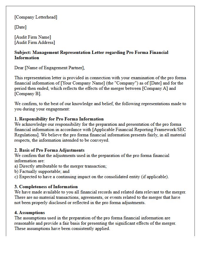 Management Representation Letter for Pro Forma Financial Information Regarding the Merger