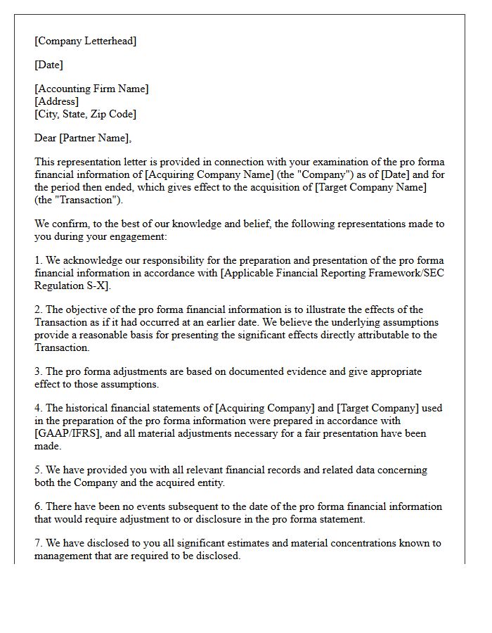 Pro Forma Financial Information Representation Letter for Business Acquisition