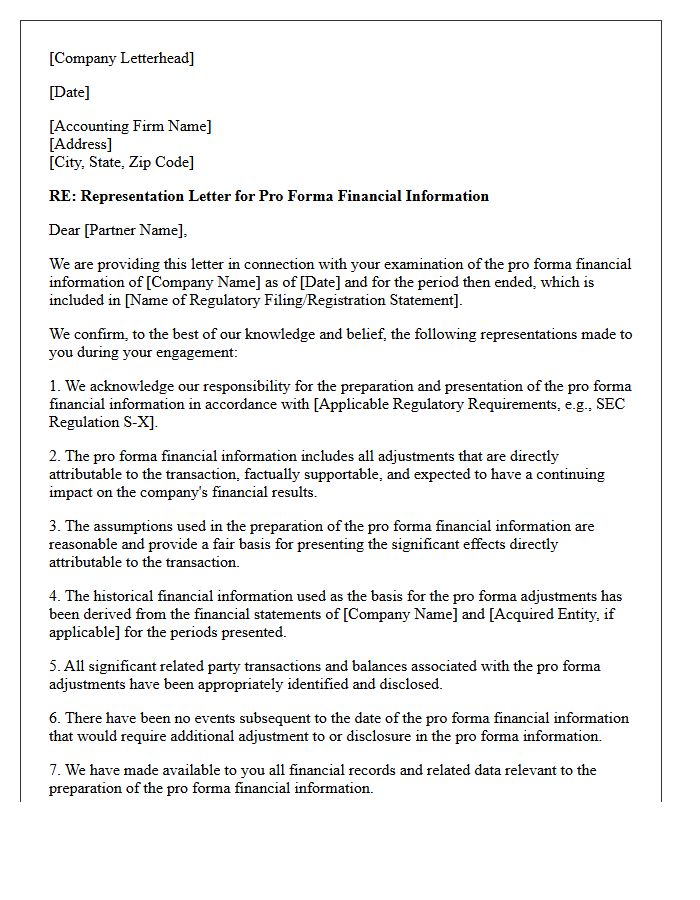 Regulatory Filing Pro Forma Financial Information Representation Letter