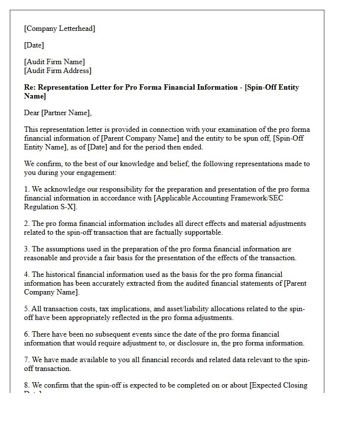 Spin-Off Transaction Pro Forma Financial Information Representation Letter