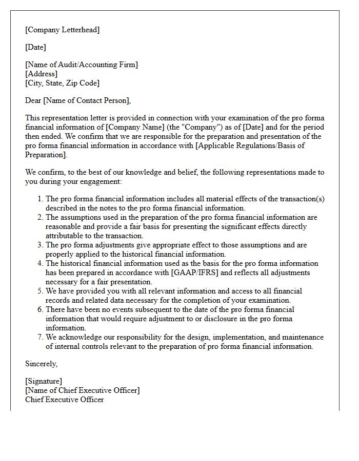 Standard Pro Forma Financial Information Management Representation Letter