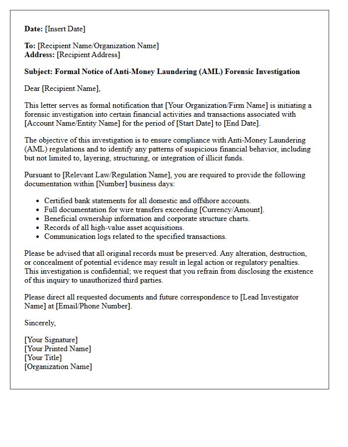 Anti-Money Laundering Forensic Investigation Letter