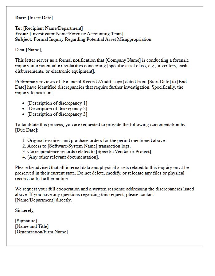Asset Misappropriation Forensic Inquiry Letter