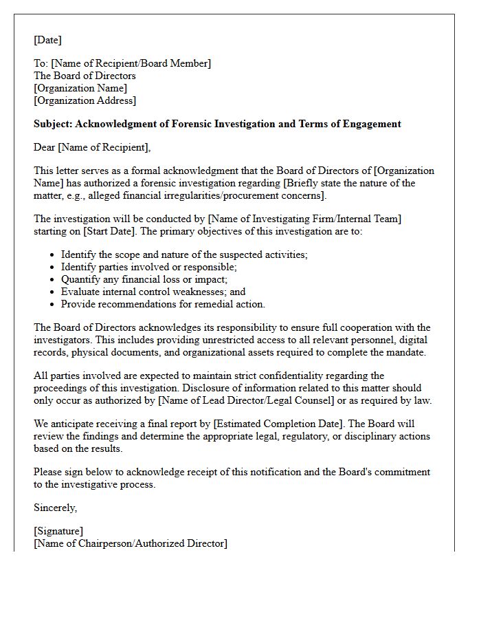 Board Of Directors Forensic Investigation Acknowledgment Letter