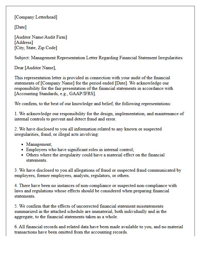 Financial Statement Irregularities Representation Letter