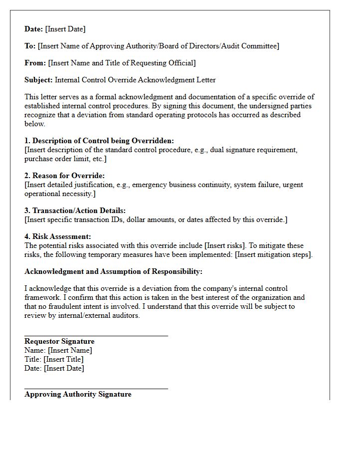 Internal Control Override Acknowledgment Letter