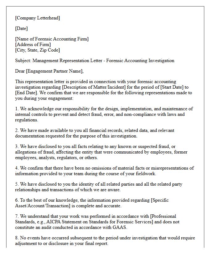Management Forensic Accounting Investigation Representation Letter