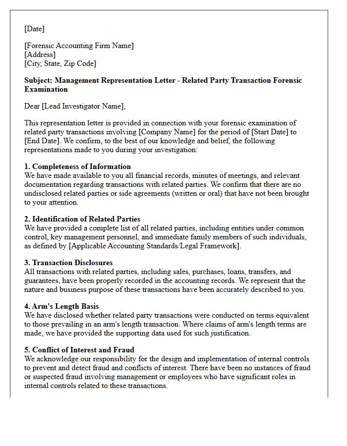 Related Party Transaction Forensic Representation Letter