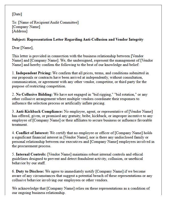 Third-Party Vendor Collusion Representation Letter