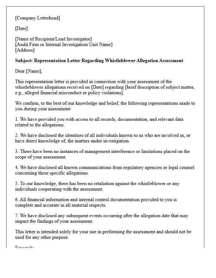 Whistleblower Allegation Assessment Representation Letter