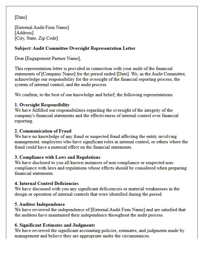 Audit Committee Oversight Representation Letter