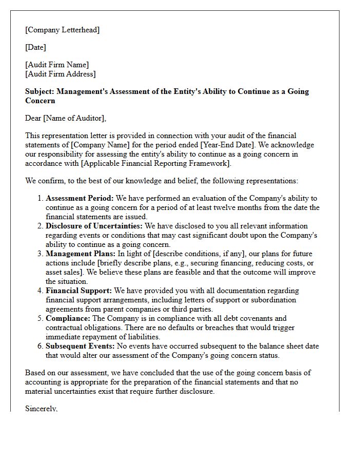Going Concern Assessment Representation Letter