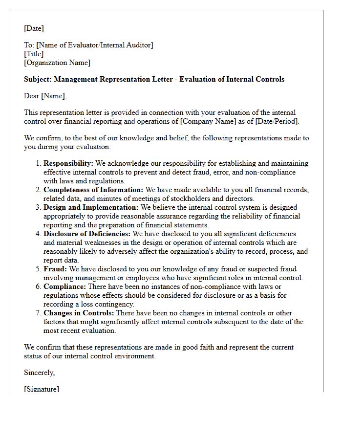 Internal Control Evaluation Representation Letter