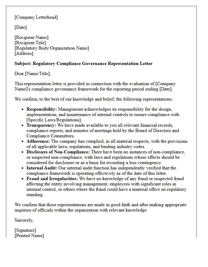 Regulatory Compliance Governance Representation Letter