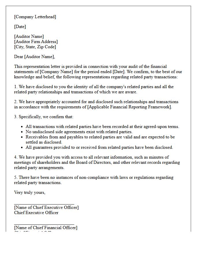 Related Party Transactions Representation Letter