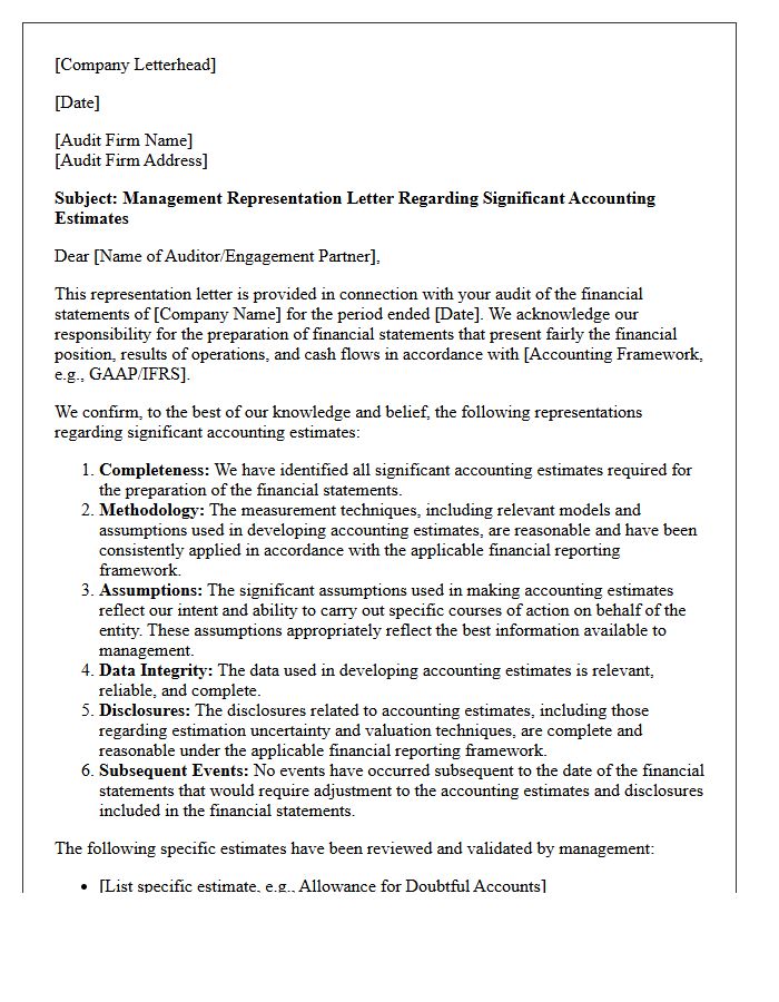 Significant Accounting Estimates Representation Letter