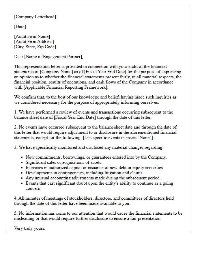 Subsequent Events Disclosure Representation Letter