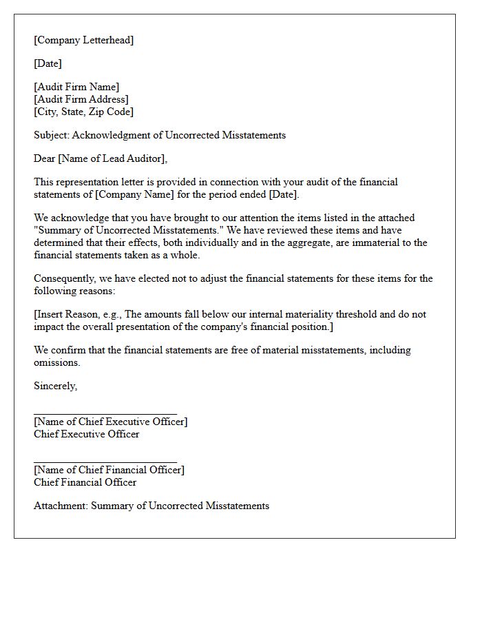 Uncorrected Misstatements Acknowledgment Letter