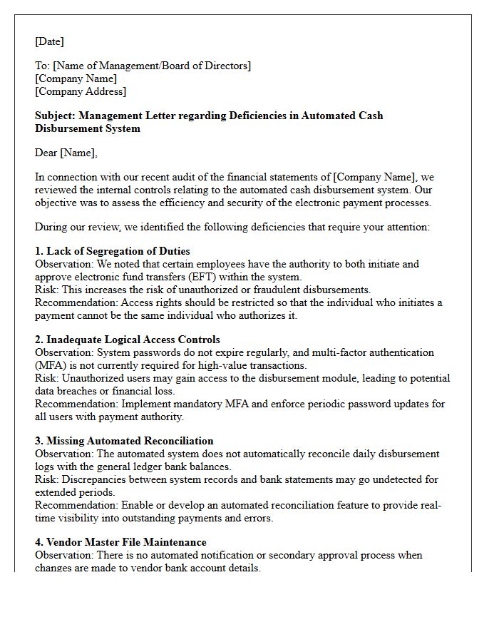 Management Letter on Automated Cash Disbursement System Deficiencies