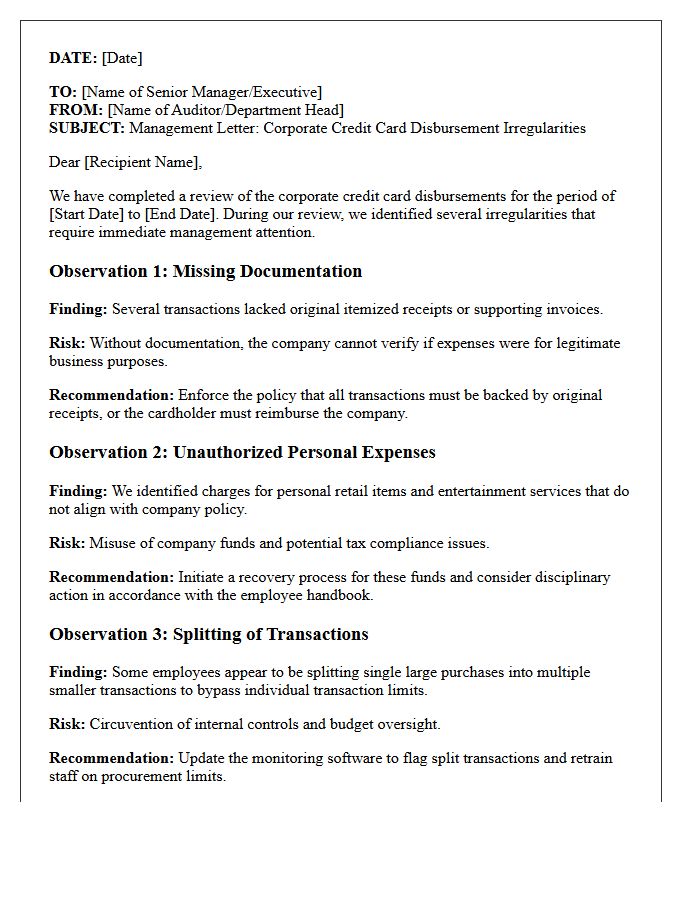 Management Letter on Corporate Credit Card Disbursement Irregularities