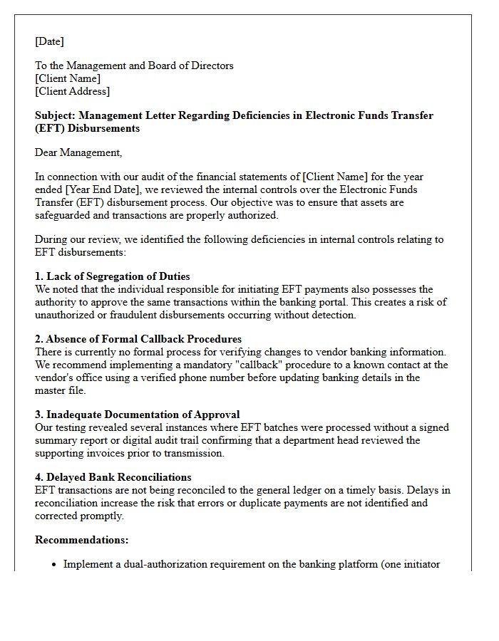 Management Letter on Deficiencies in Electronic Funds Transfer Disbursements