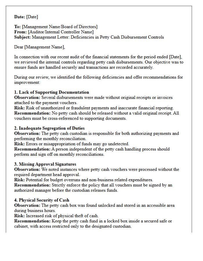Management Letter on Deficiencies in Petty Cash Disbursement Controls