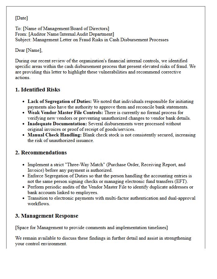 Management Letter on Fraud Risks in Cash Disbursement Processes