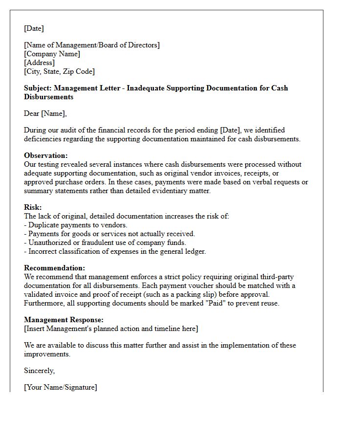 Management Letter on Inadequate Supporting Documentation for Cash Disbursements