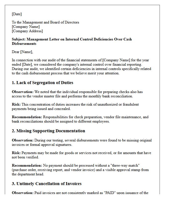 Management Letter on Internal Control Deficiencies Over Cash Disbursements