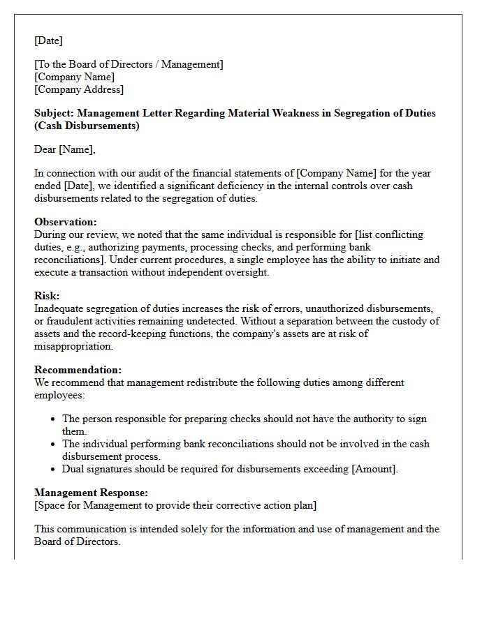 Management Letter on Segregation of Duties Deficiencies in Cash Disbursements