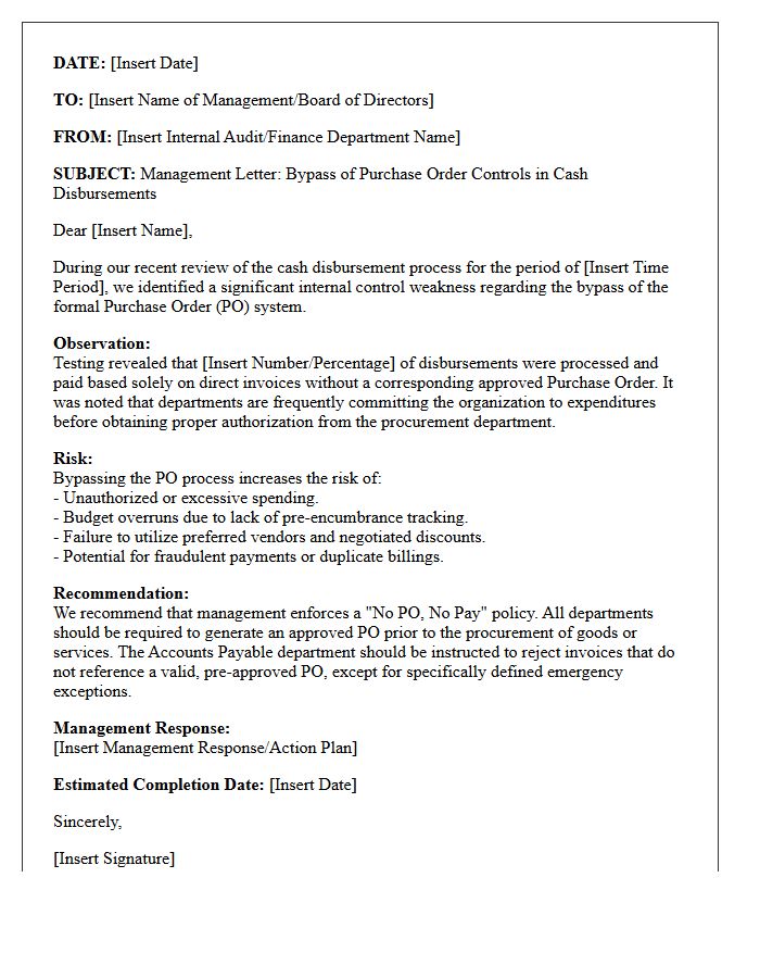 Management Letter on the Bypass of Purchase Order Controls in Cash Disbursements