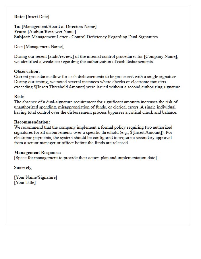 Management Letter on the Lack of Dual Signatures for Cash Disbursements
