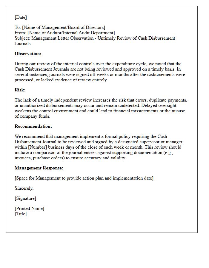 Management Letter on the Untimely Review of Cash Disbursement Journals