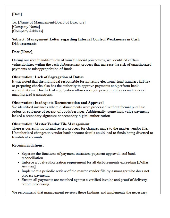 Management Letter on Unauthorized Cash Disbursement Vulnerabilities