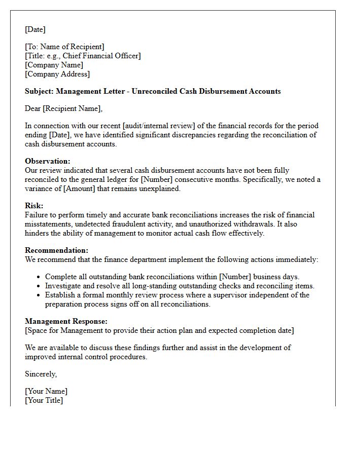Management Letter on Unreconciled Cash Disbursement Accounts