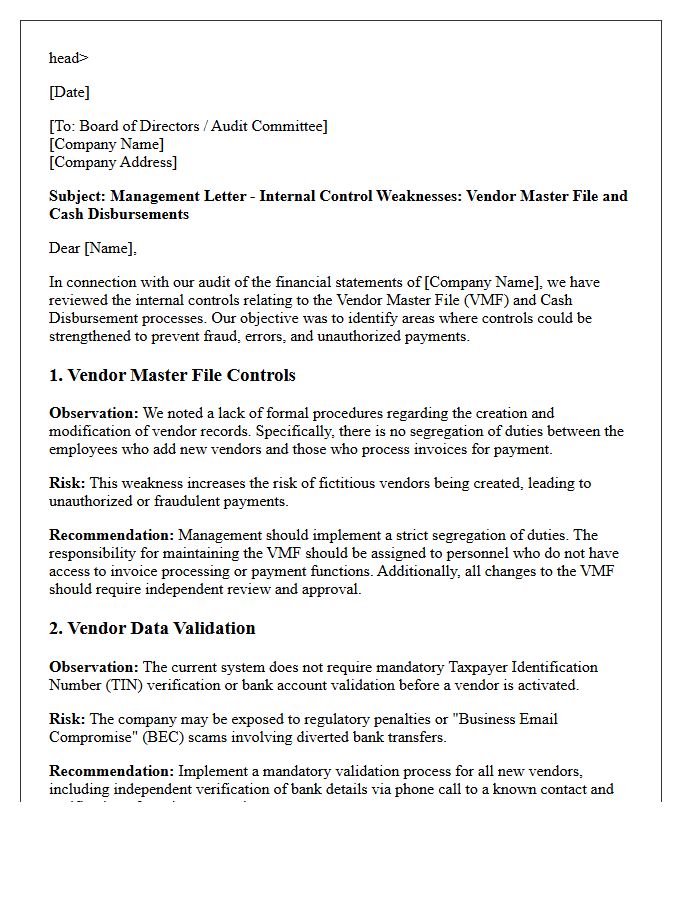 Management Letter on Weaknesses in Vendor Master File Controls and Cash Disbursements