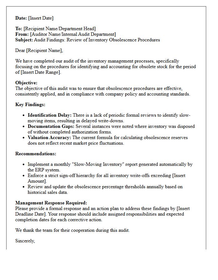 Audit Findings Letter Regarding Obsolescence Procedures