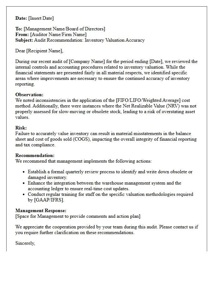 Audit Recommendation Letter for Inventory Valuation Accuracy