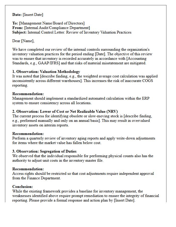 Internal Control Letter on Inventory Valuation Practices