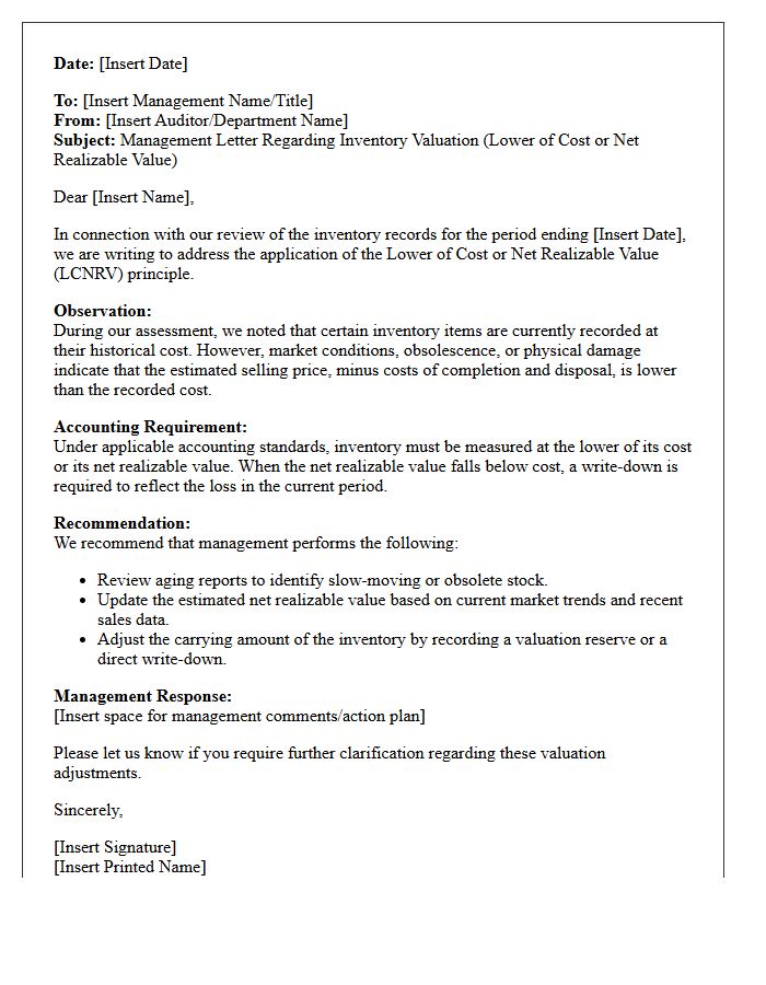 Management Letter Addressing Lower of Cost or Net Realizable Value