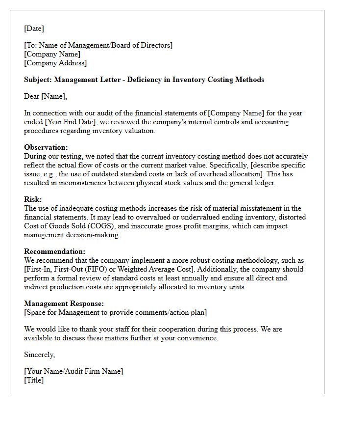 Management Letter on Inadequate Inventory Costing Methods