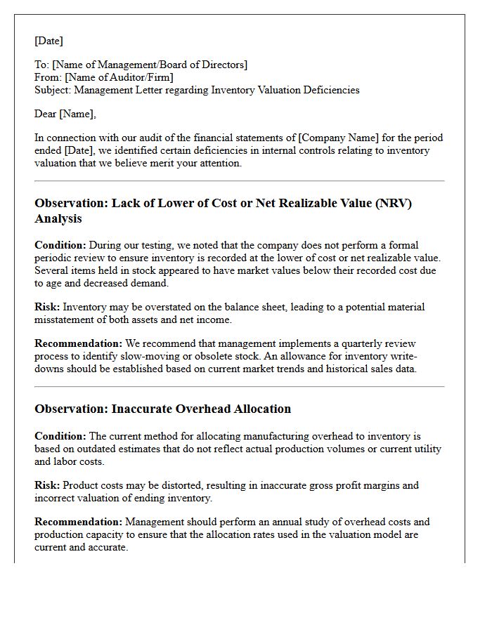 Management Letter on Inventory Valuation Deficiencies