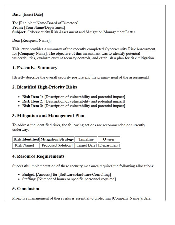 Cybersecurity Risk Assessment and Mitigation Management Letter