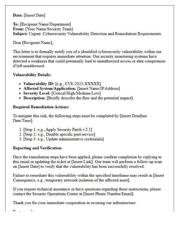 Cybersecurity Threat Vulnerability and Remediation Letter