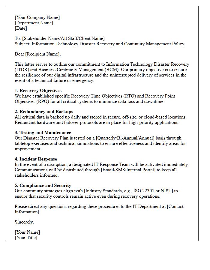 Information Technology Disaster Recovery and Continuity Management Letter